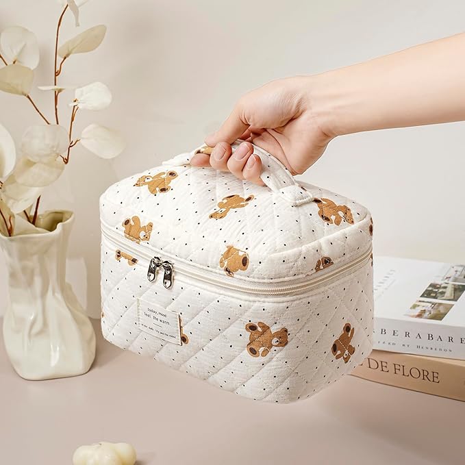 uekeboag Large Travel Quilted Makeup Bag for Women, Floral Cotton Cosmetic Bag, Coquette Aesthetic Floral Toiletry Organizer Bag