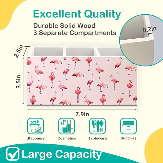 Pink Flamingo Wooden Pen Pencil Holder for Desk Accessories, Pink Flamingo Gifts for Women, Preppy Wood Makeup Brush Toothbrush Holder Organizer for Vanity Bathroom