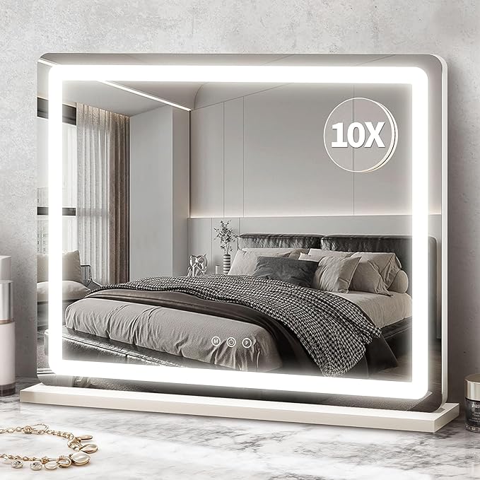 ROLOVE 23x18 Inch Vanity Mirror with Lights, 3-Color Modes, Dimmable LED Mirror with Touch Control - Large Makeup Mirror for Dressing Room (Wall/Tabletop Mount)