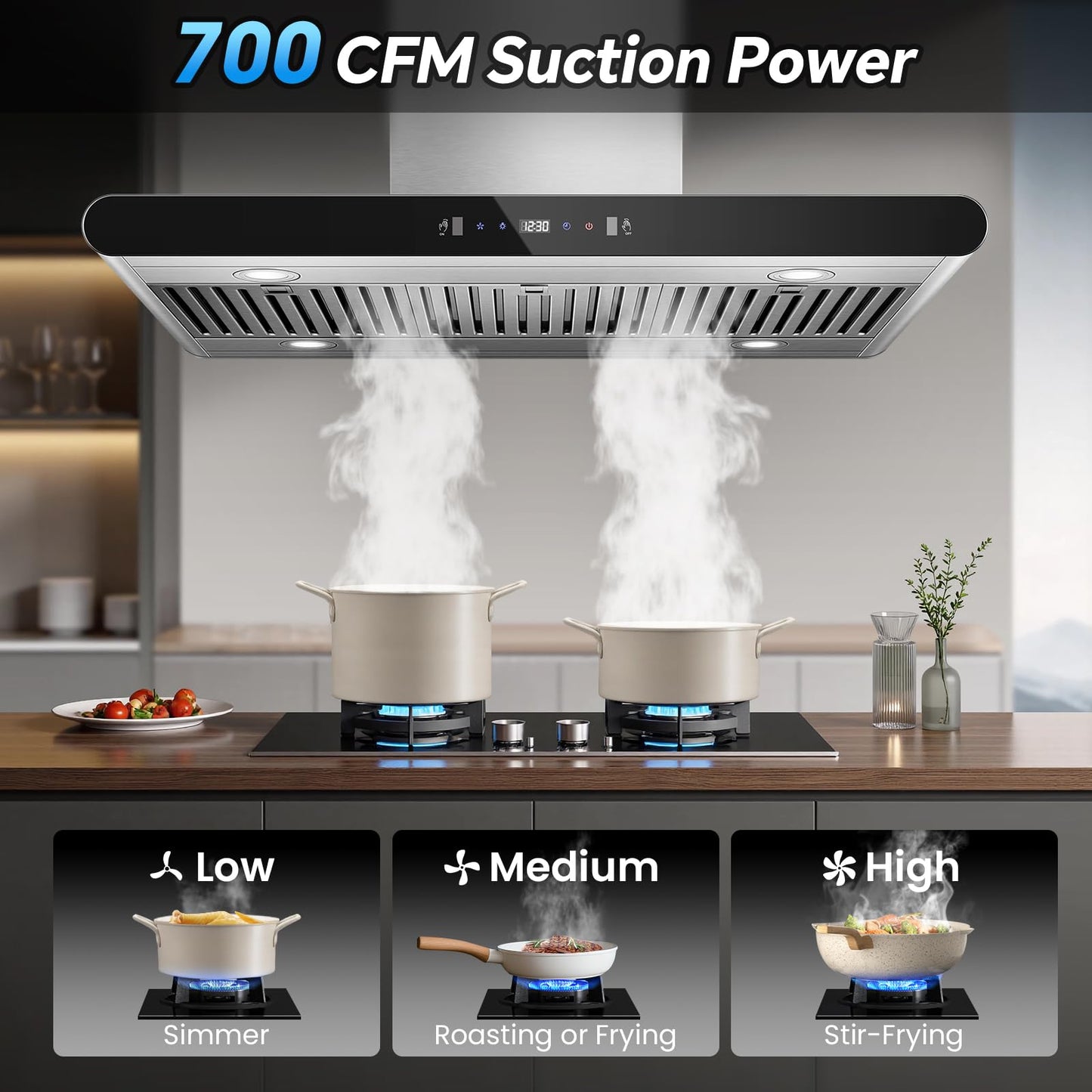 Tiesay Island Range Hood 36 Inch, 700 CFM kitchen Hood with Dual-Sided Touch/Gesture/Remote Control, Ceiling Mount, Convertible Ducted/Ductless, 3-Speed Fan, 3 Stainless Steel Baffle Filters