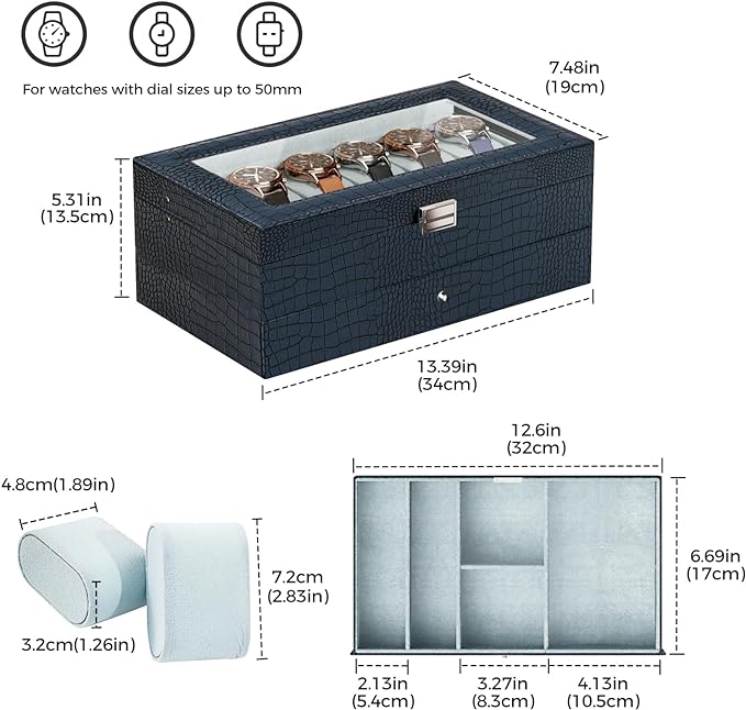 ProCase Watch Box, 12 Slot Mens Watch Case With Drawer, 2-Layer Watch Display Case With Glass Lid, Mens Jewelry Box Storage Holder Organizer, Birthday Valentine Gifts for Men -12Slot, CrocCobaltBlue