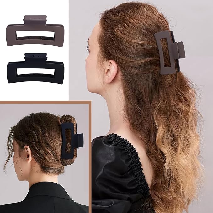 8 Pcs Large Hair Claw Clips 4.1 Inch Non-slip Big Square Matte Hair Claws for Women, Strong Hold Banana Clip for Thick Thin Hair(Grey/Khaki/Black)