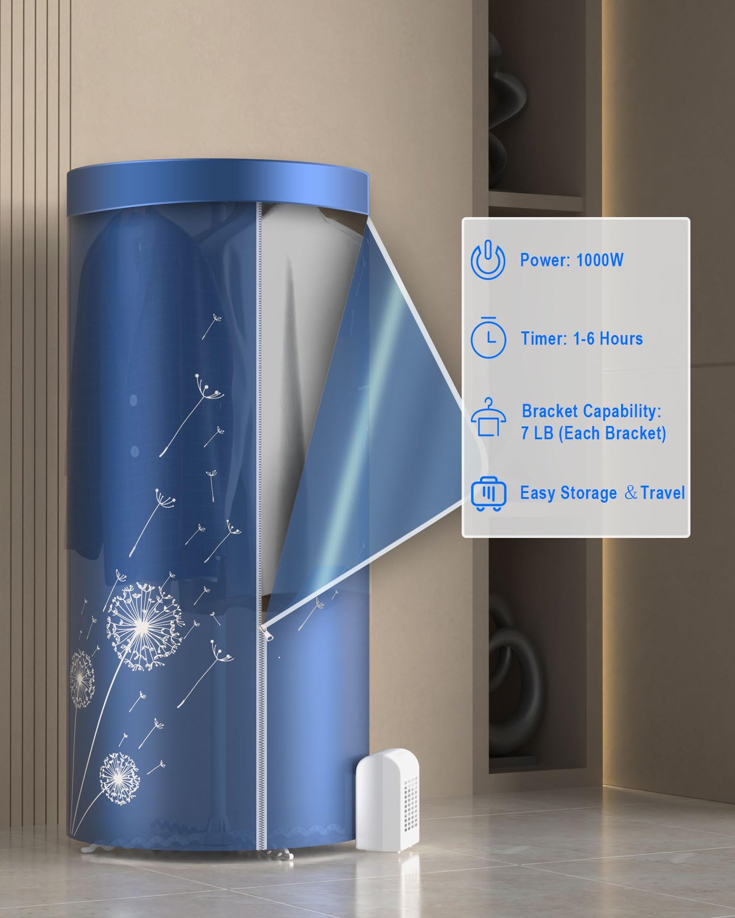 KASYDoFF Portable Dryer, 46Inch-1000W Portable Clothes Dryer for Apartments, Portable Dryers Machine with Storage Bag, Mini Clothes Dryers for Travel, Home, RVs