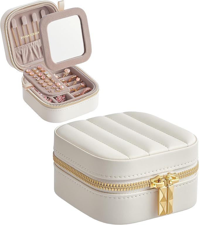 SONGMICS HOME Travel Jewelry Case, Small Jewelry Box Organizer with Mirror, 4.1 x 4.1 x 2.4 Inches, Stitching, Portable, Gift Idea, Cloud White UJBC179W01