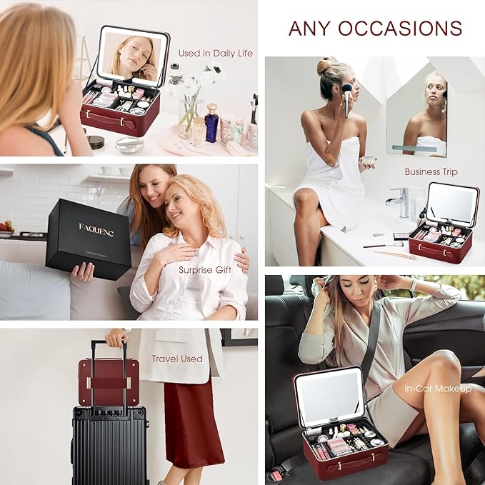 Faquenc Leather Makeup Case with LED Lighted Mirror 11.4 Inch Travel Makeup Bag Adjustable Brightness in 3 Colors Cosmetic Organizer Artist Storage Bag with Dividers Brush Holder Bag Vanity Red