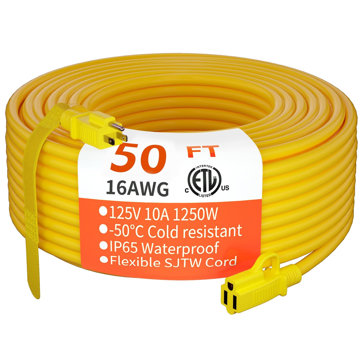 HUANCHAIN Indoor Outdoor Extension Cord 50 ft Waterproof, 16/3 Gauge Flexible Resistant Appliance Extension Cord Outside, 13A 1625W 16AWG SJTW, 3 Prong Electric Cable Yellow, ETL