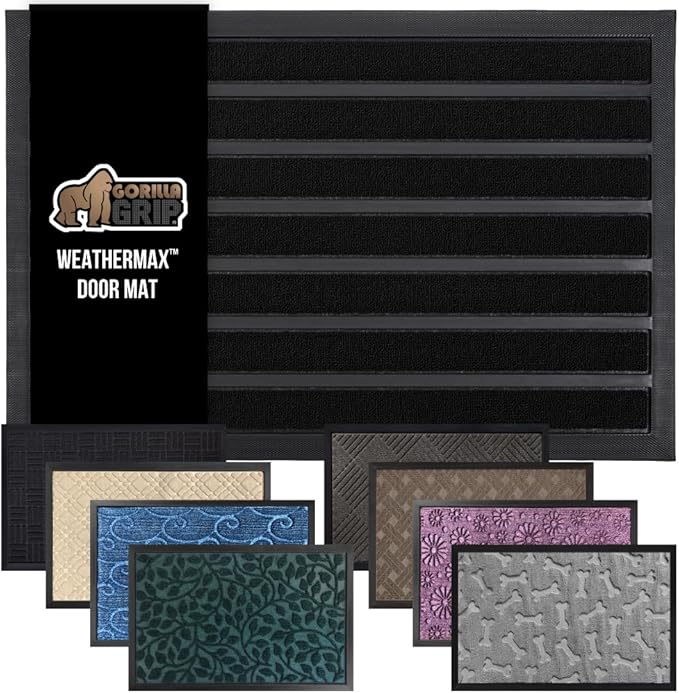 GORILLA GRIP 100% Waterproof All-Season WeatherMAX Doormat US Designed Natural Rubber, Stain and Fade Resistant, Low Profile Indoor Outdoor Door Mats, Easy Clean Patio Mat, 23x35, Black Stripe