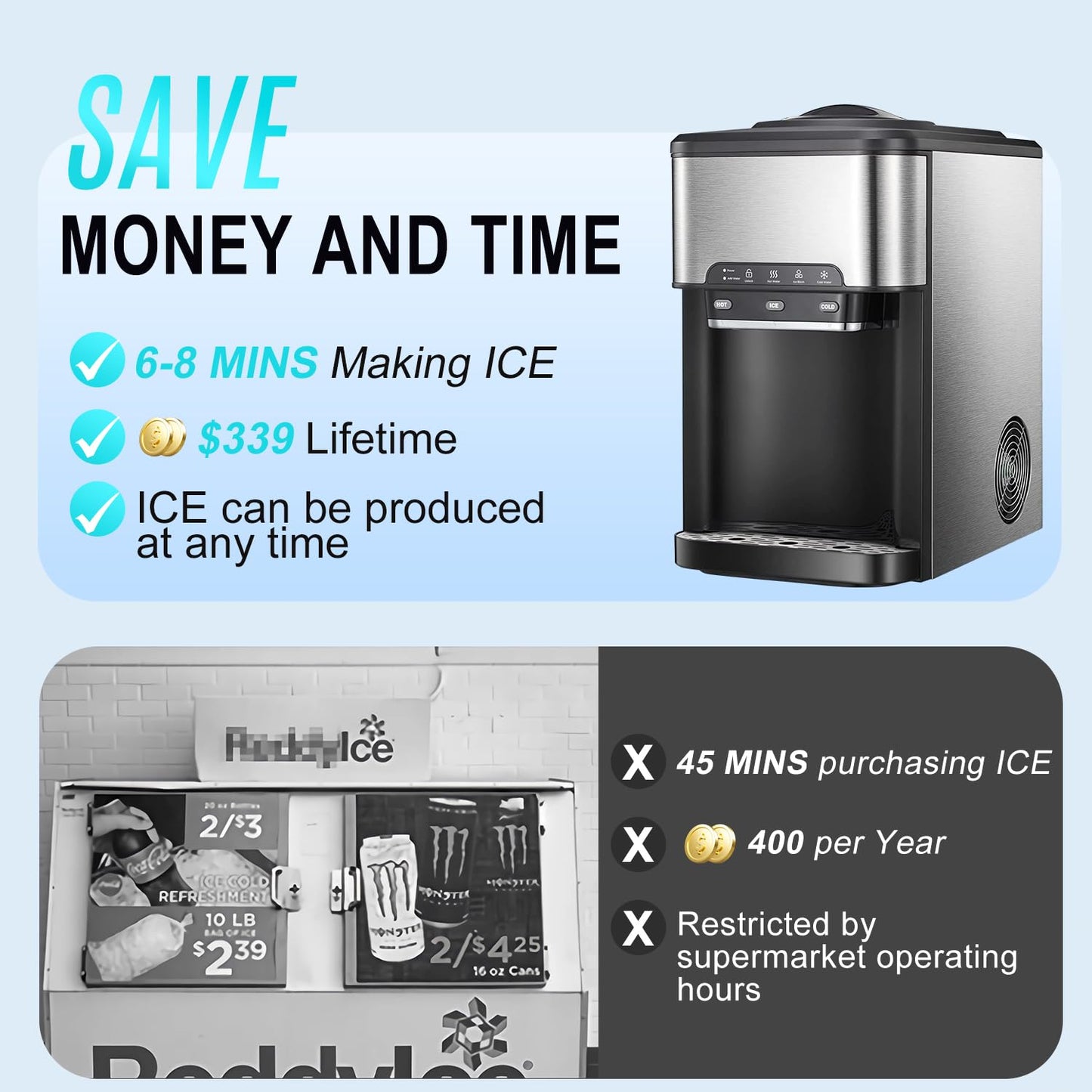 NUNET 3-in-1 Ice Maker Water Dispenser Water Cooler Filled by Water Line w. 10ft Water Inlet Hose 1/2" &1/4" Connector Hot/Cold Water Ready Makes 44 lbs Ice Daily Stores 4lb Ice