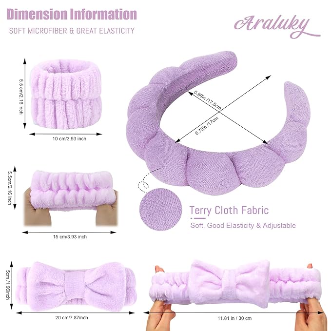 Puffy Terry Cloth Headbands & Wristbands - Sponge Makeup Removal Set for Skincare Routine and Shower