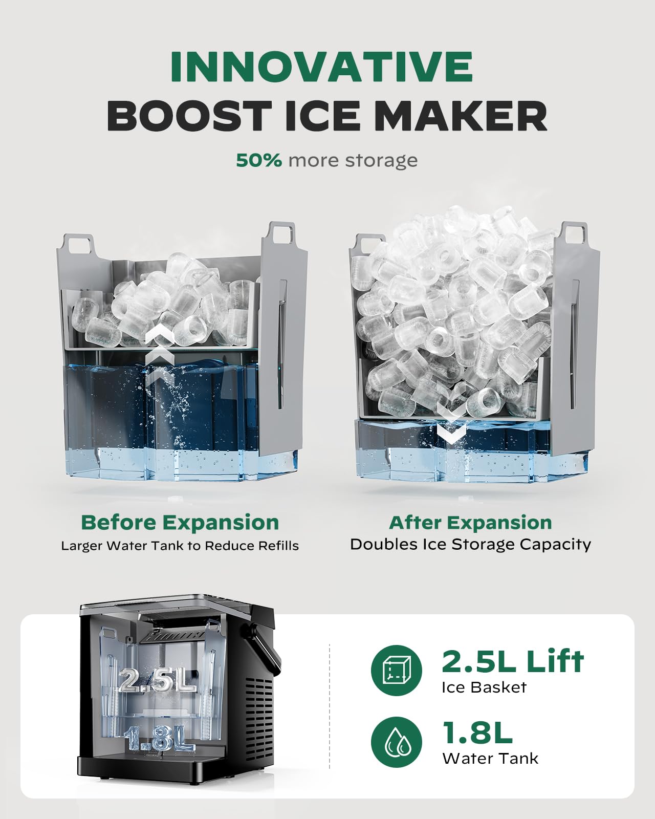 Silonn Ice Maker Countertop with Expandable 2.5L Ice Basket & 1.8L Water Tank, 9 Bullet Ice Cubes in 6 Mins, Portable Ice Maker with LED Touch Control, Self-Cleaning, 2 Ice Sizes for Home Kitchen