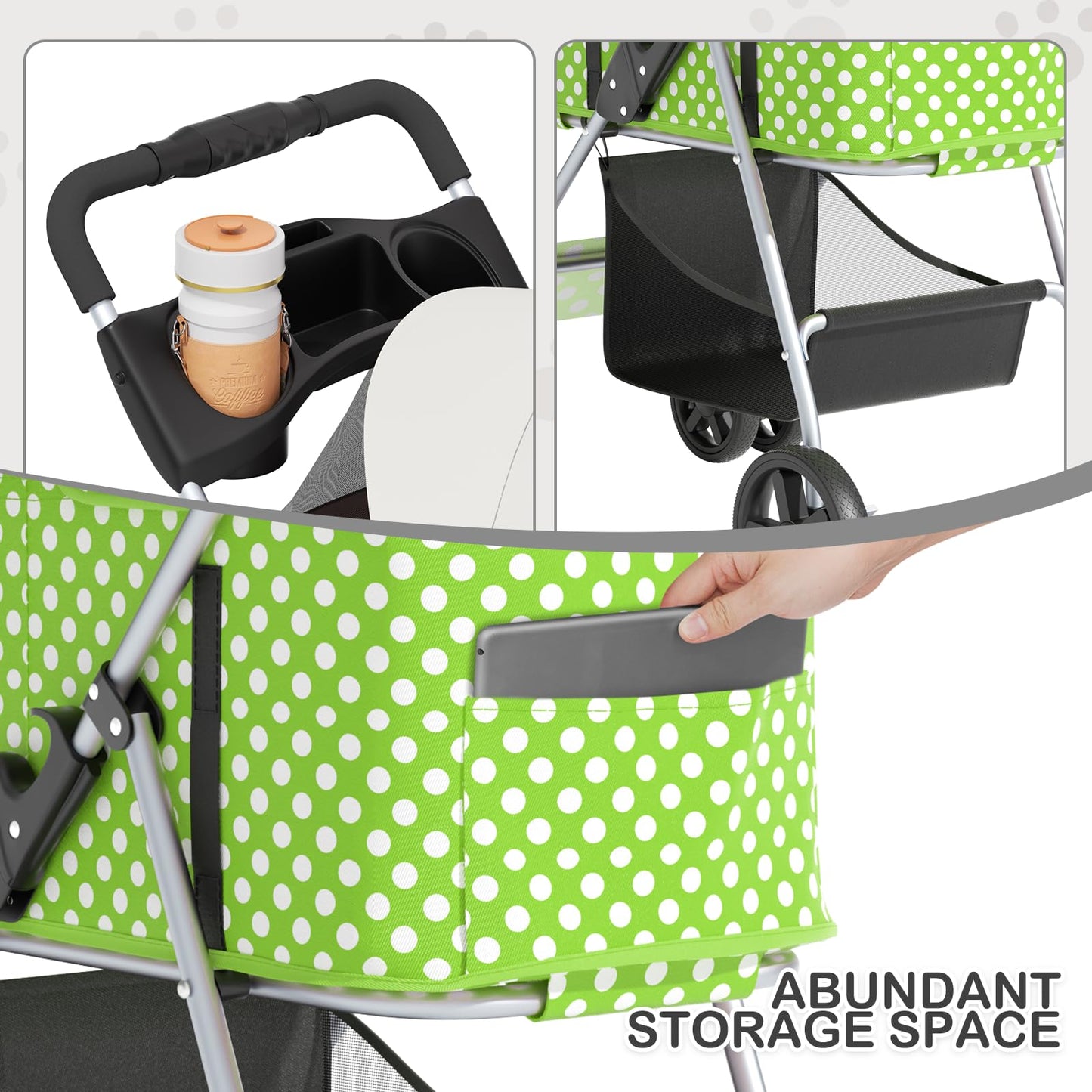 MoNiBloom 3 in 1 Foldable Pet Stroller for Small & Medium Dogs, Detachable Carrier, Car Seat, Push Button Entry, 4-Wheel Jogger for Pets up to 33 lbs, Lawn Green Polka Dots