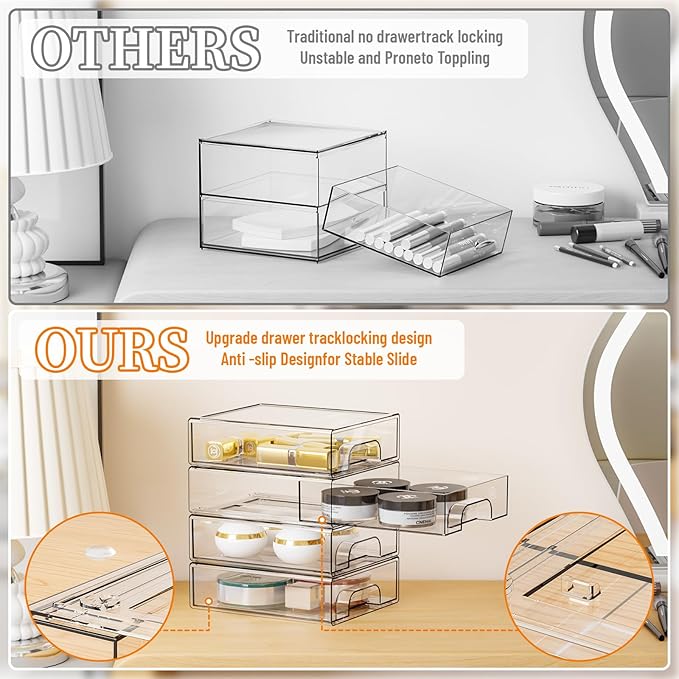 Yieach 2.2'' Tall Small Clear Stackable Storage Drawers,2 Pack Stacking Acrylic Organizers Drawers for Hair Accessories,Makeup,Pen,Art Crafts,Office Supply Organizer and Desktop Plastic Mini Drawers