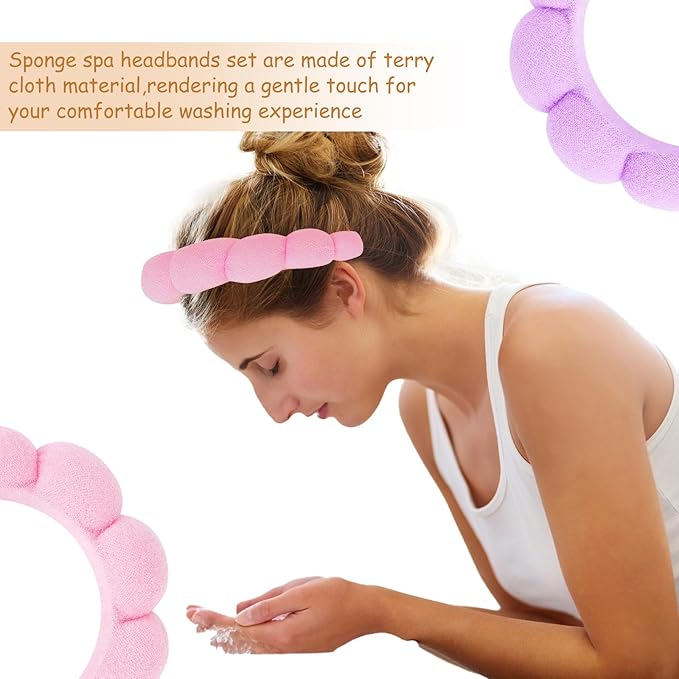 AMCAMI Puffy Spa Headband for Women Sponge Headbands for Girls 2 PCS Terry Towel Cloth Fabric Head Band for Skincare,Makeup Removal,Face Washing,Facial Mask,Shower,Hair Accessories（Purple&Light Pink）
