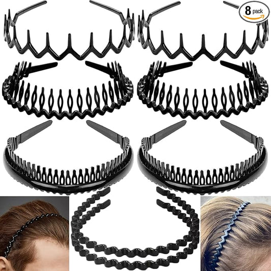 ULTIMUTE 8 PCS Fashion No Slip Effortless Plastic Headbands with Teeth Comb Black Skinny Headbands Hair Accessories Bands for Women Men Teen Girls, Classic Black Bright