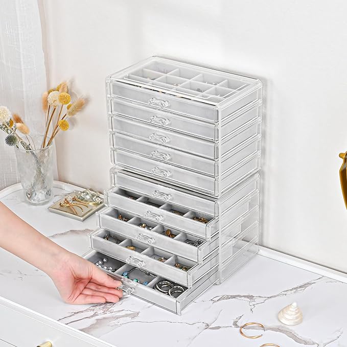 ProCase Earring Holder Organizer Jewelry Box with 10 Drawers, Acrylic Clear Earring Case with Adjustable Velvet Trays for Women - Grey, 10 Layers