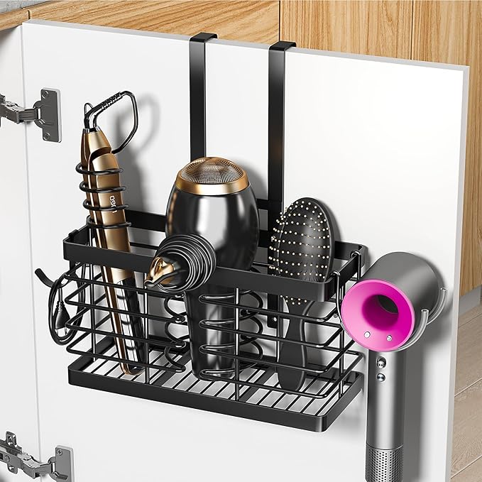 Sevenblue Hair Tool Organizer, 2026 Upgraded 3-in-1 Universal Hair Dryer Holder, Adjustable Height Metal Blow Dryer Holder Wall Mounted/Over Cabinet Door/Free-Standing (Black)
