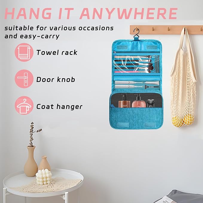 Toiletry Bag Travel Bag with Hanging Hook, Waterproof Capacity Hanging Multifunctional Makeup Bag for Toiletries, Portable Cosmetic Bag Travel Organizer for Women and Men(Sky Blue)