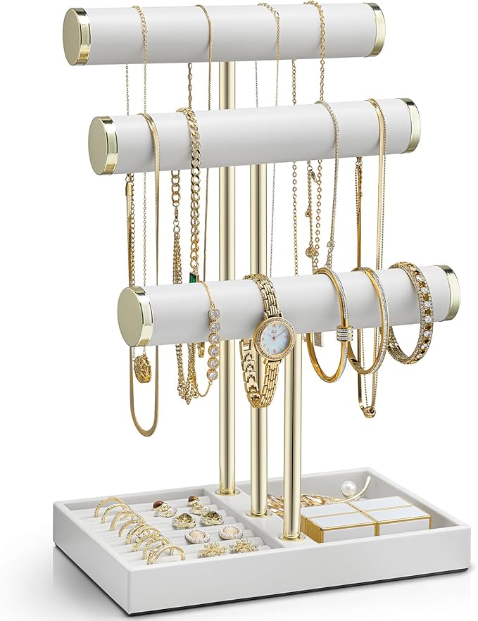 VLANDO 3 Tier Bracelet Holder Organizer with Tray - Leather Jewelry Stand Organizer for Women - Jewelry Holder Display for Necklace, Watches, Rings, Earrings, Bangle, Scrunchie - White