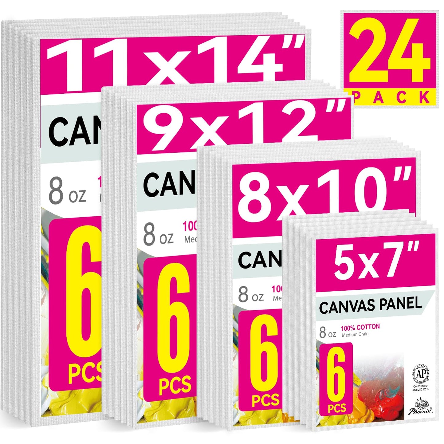 PHOENIX 24 Pack Canvases for Painting - 5x7, 8x10, 9x12, 11x14 Inch, 8 Oz Triple Primed 100% Cotton Flat Canvas Boards White Blank Canvas Panels Multi Size Bulk Pack for Acrylic & Oil Paints