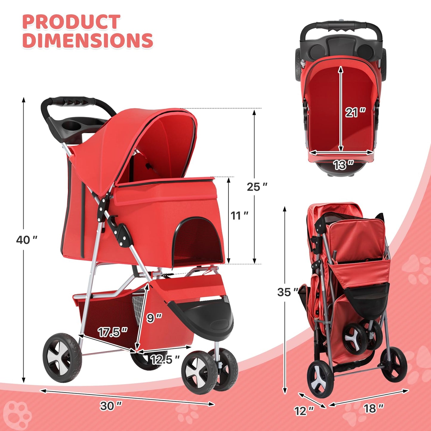 Magshion 3-Wheel Pet Stroller, Foldable Travel Jogger for Small & Medium Dogs & Cats (Up to 33lbs), Lightweight Carrier with Breathable Mesh Cover, Cup Holder & Storage Basket, Red