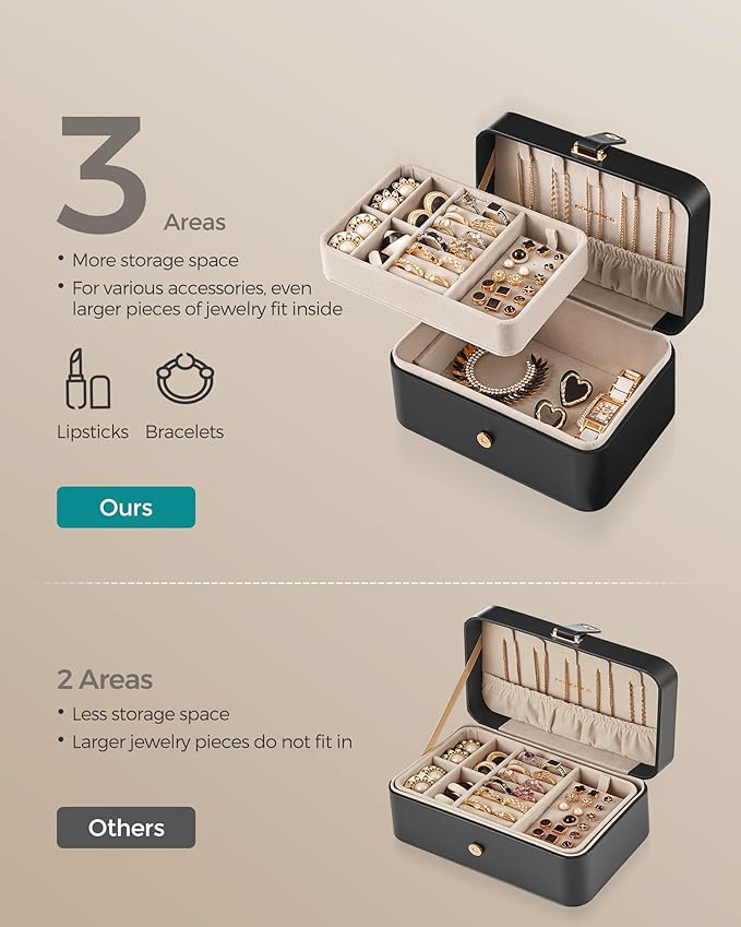 SONGMICS Jewelry Organizer Box, Travel Jewelry Case, 2-Layer Travel Case for Earrings, Necklaces, Bracelets - Portable Jewelry Storage with Large Capacity, Gift Idea, Ink Black UJBC166B01