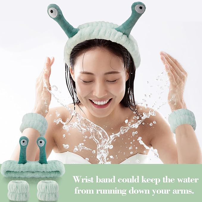 SuPoo 3pcs Snail Face Wash Headband and Wristband Set, Green, Puffy Microfiber Fleece Material, Cute Wrist Towels, for Spa, Sports, Yoga, Face-Washing, Makeup and Shower