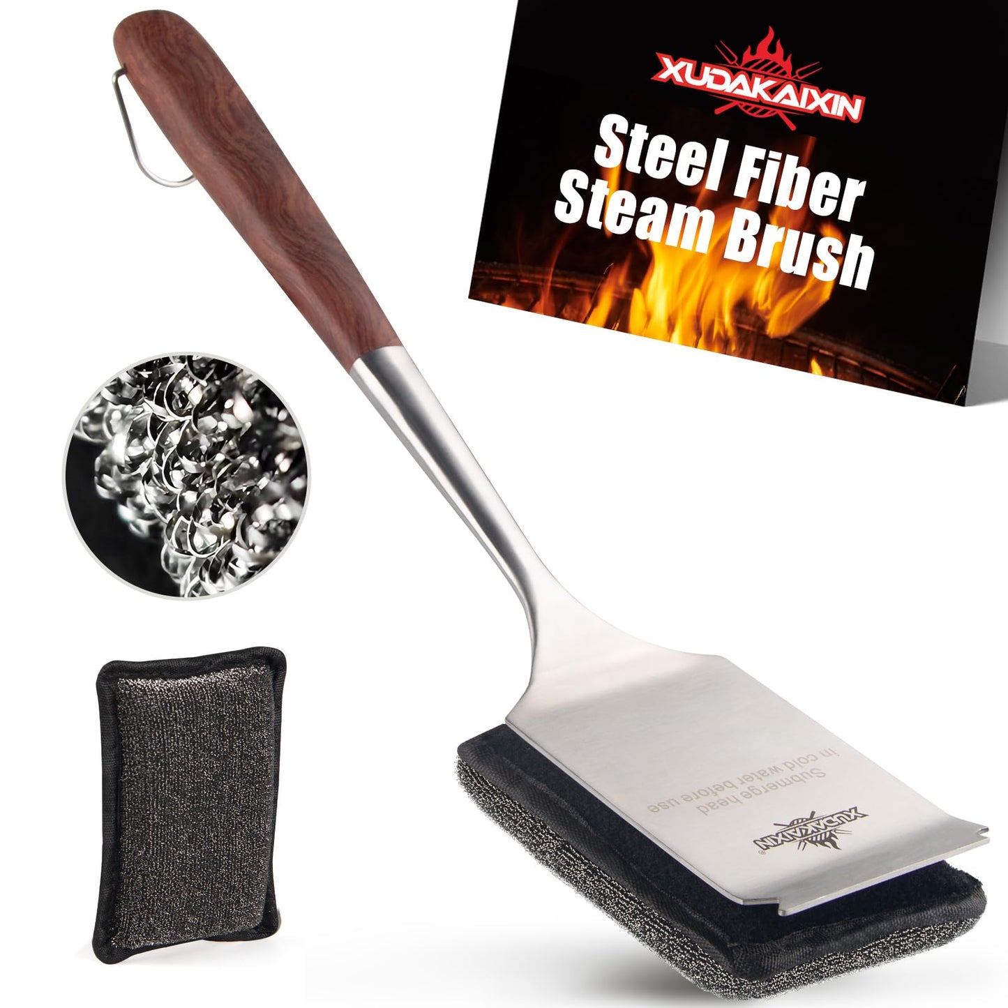 Bristle-Free Steam Cleaning Grill Brush Kit â Luxurious Long Rosewood Handle, Includes 1 Replacement Head â Safe BBQ Grill Cleaning for Outdoor Grill â Great Gift for Men/Dad