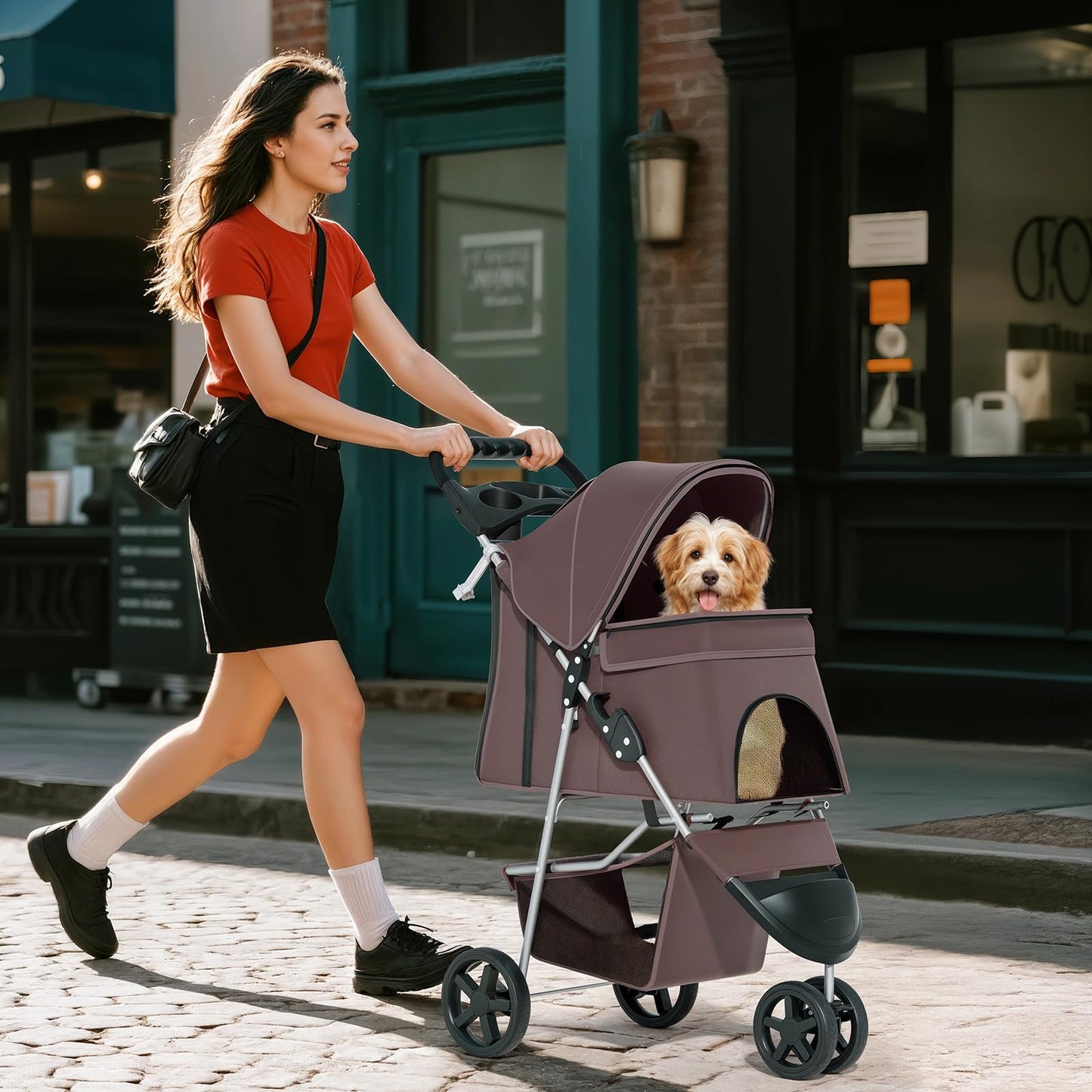 Pet Stroller for Small Dogs 10 lbs, Dog Stroller for Medium Dogs 30 lbs, Cat Strollers for 2 Cats, 3 Wheels Foldable Jogger Puppy Stroller with Storage Basket and Cup Holder, Coffee