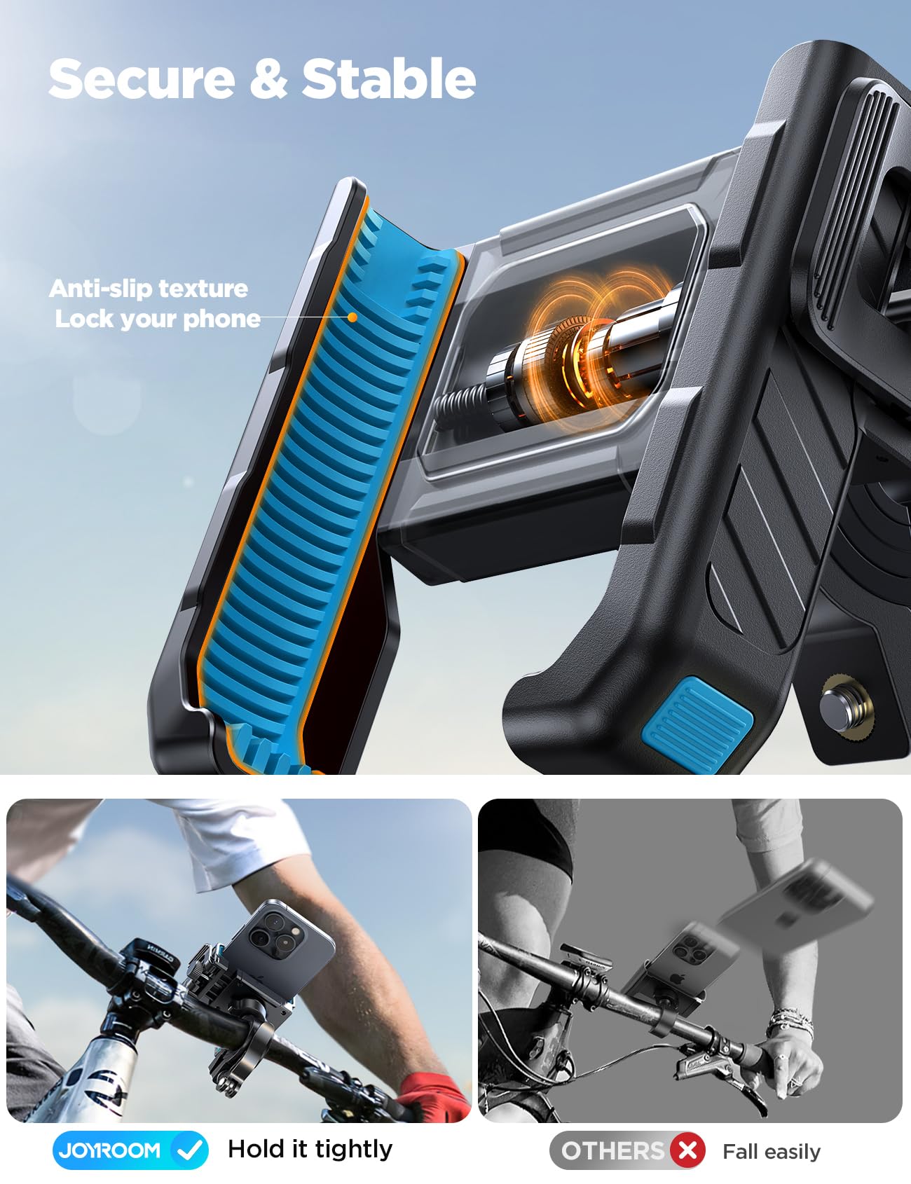 JOYROOM Motorcycle Bike Phone Holder Mount - [Not Block Camera] Bicycle Phone Holder Handlebar Cell Phone Clamp - [Silicone Wrapped] Scooter Phone Holder for iPhone Samsung 4.7''-7'' Smartphones, Blue