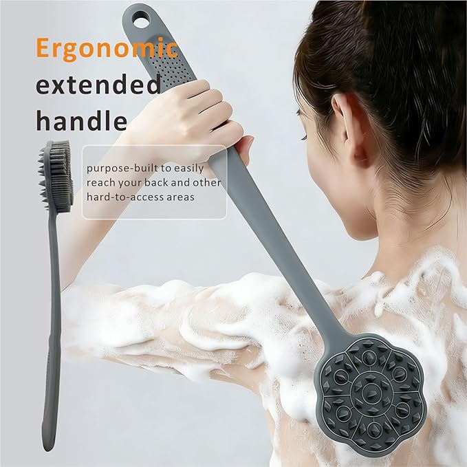 Back Body Scrubber & Face Scrubber for Shower - 15 Inch Long Handle Double Sided Silicone Body Brush for Exfoliation & Massage, Soft Facial Cleansing Brush, Rich Lathering for Deep Cleansing (Gray)