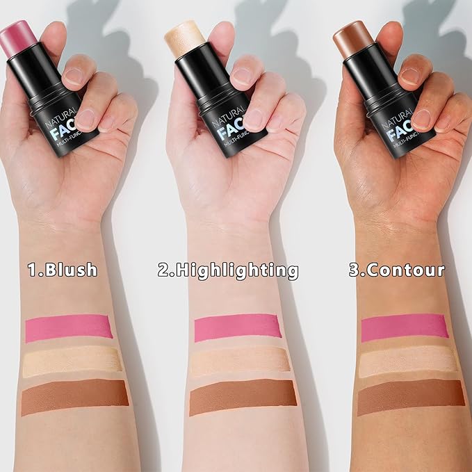 3Pcs Cream Contour Stick Makeup Kit, Shades with Highlighter, Blush and Bronzer Contour Stick for Sculpt the Cheeks, Long Lasting, Waterproof, Matte & Dewy Finish (LIGHT FAIR(8+10+12))