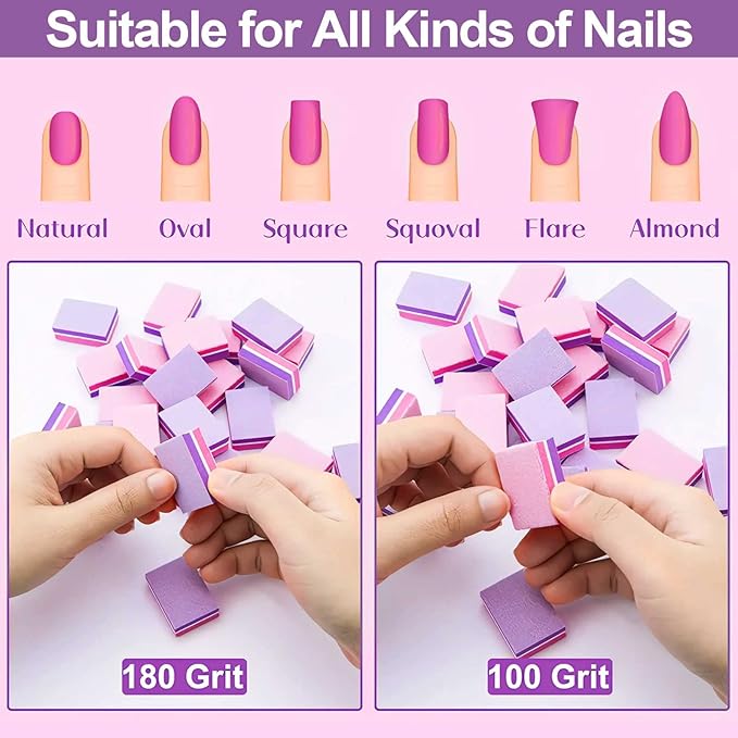 CGBE Nail Buffer (50 Pack), Buffer Block Nail File 100/180 Grit, Mini Nail Buffers Block Sponge Double Sided Nail File for Acrylic Nails Manicure Tools (Pink-Purple)