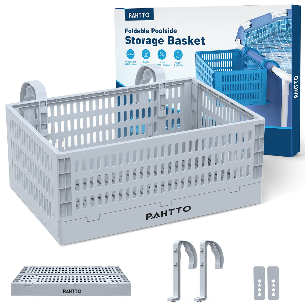 PAHTTO Poolside Storage Basket, Foldable Above Ground Pool Storage Basket for Pool Toys, Towels, Beverages, Poolside Organizer, Pool Accessories for Above Ground Swimming Pool (1 Pack- Gray)