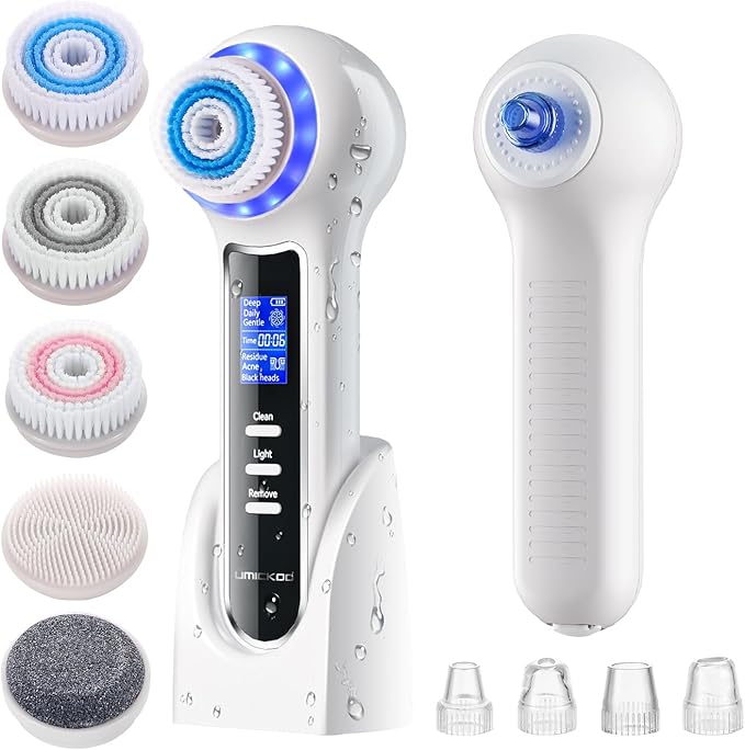 UMICKOO 3 in 1 Facial Cleansing Brush & Blackhead Remover, Rechargeable Face Scrubber with LCD Screen, IPX7 Waterproof, Deep Pore Cleaning, Exfoliating & Massaging for All Skin Types