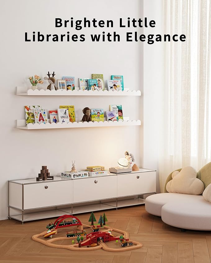 Shario Nursery Book Shelves, 4-Pack White Floating Shelves for Wall Kids, Scalloped Shelves, Wall Book Shelves for Bedroom Kids, Toddler Room, Baby Room, Nursery Decor (White, 36 Inches)