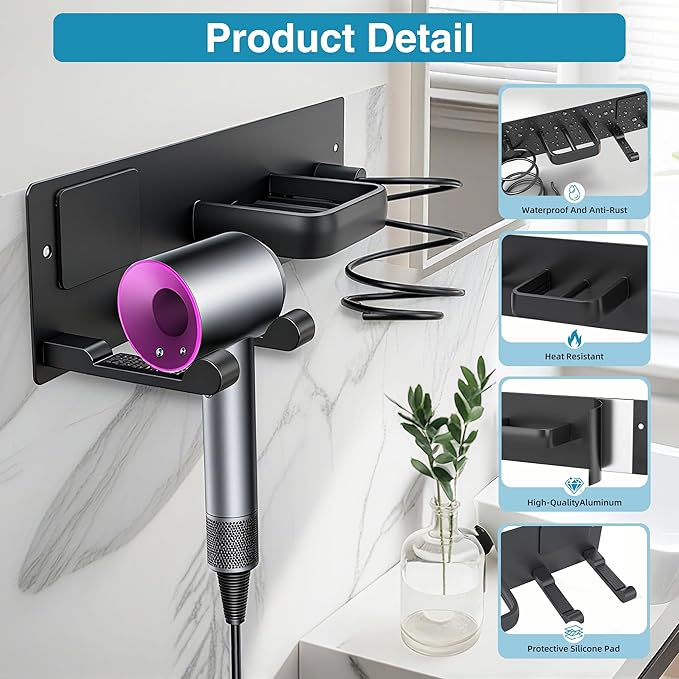 Blow Dryer Holder Wall Mount, 3 in 1 Bathroom Hair Tool Organizer with Curling Iron Holder & Flat Iron Holder, Universal Hair Dryer Holder Rack Storage Matte Black