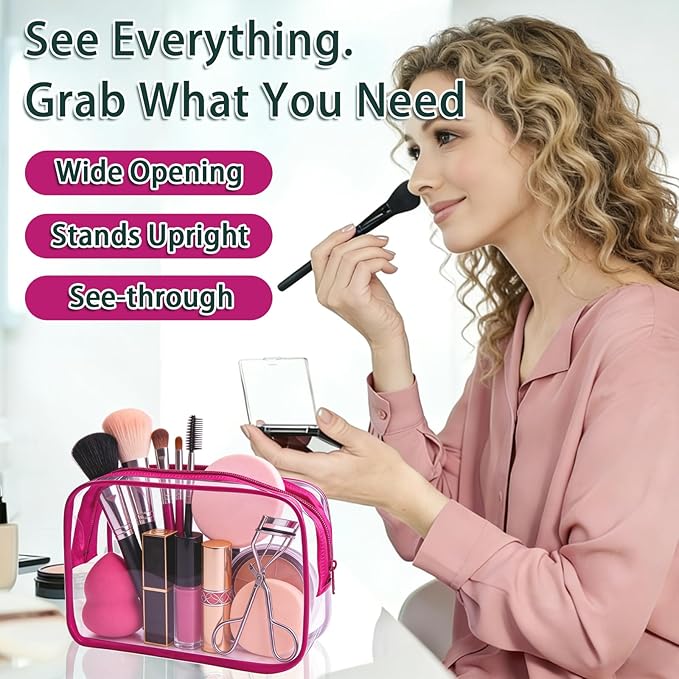 18 Pieces Small Clear Makeup Bags Bulk, TSA Approved Toiletry Bag PVC Clear Cosmetic Pouch with Zipper, Waterproof Vinyl Plastic Organizer Case for for Women Carry-on Travel Essentials (Rose Red)