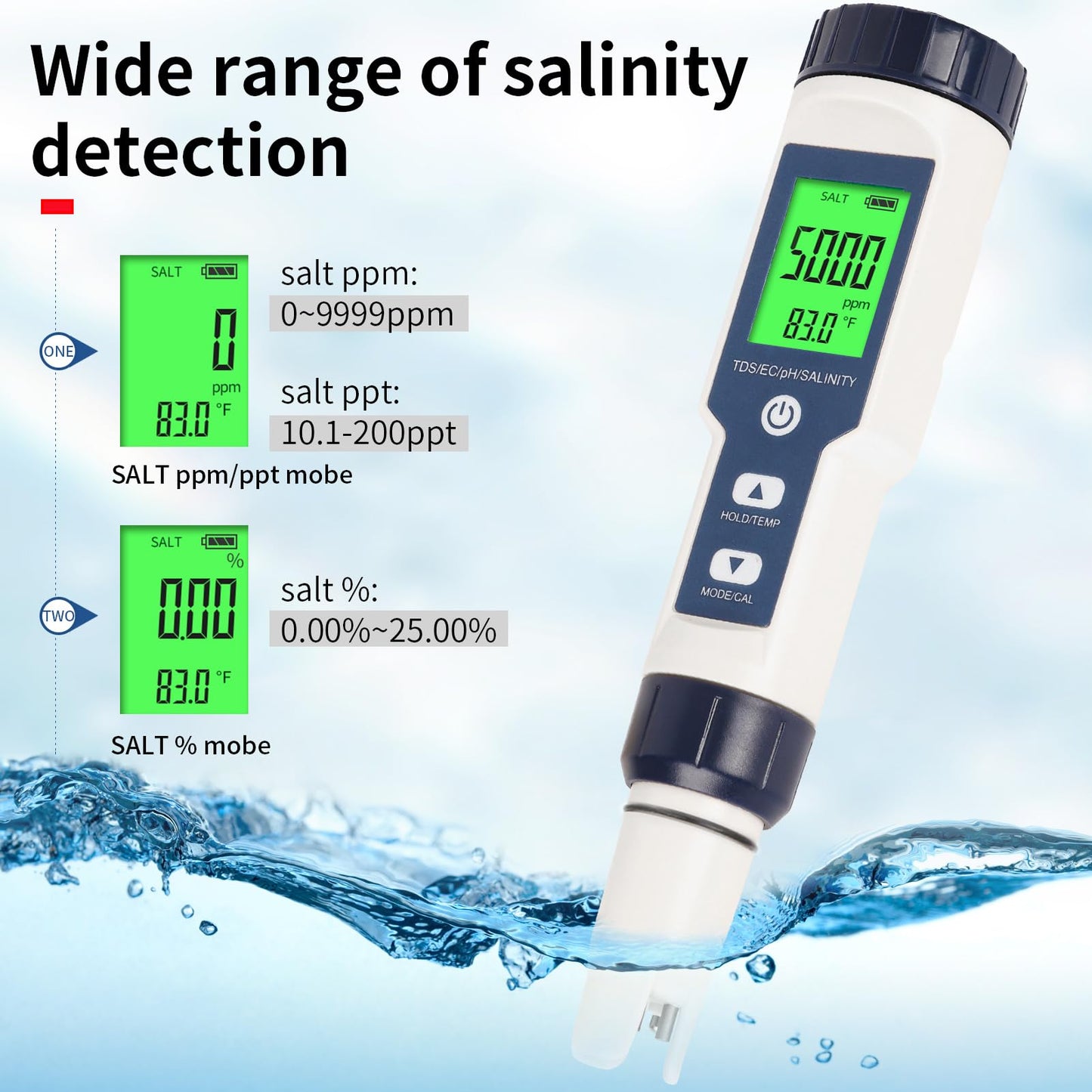 Pool Salt Tester,Digital Pool Water Tester,Accurate and Reliable,Salinity, pH Meter, EC, TDS, and Temperature 5 in 1;Salt Water Pool Testing kit, Used for Pool Salt and hydroponic Plants
