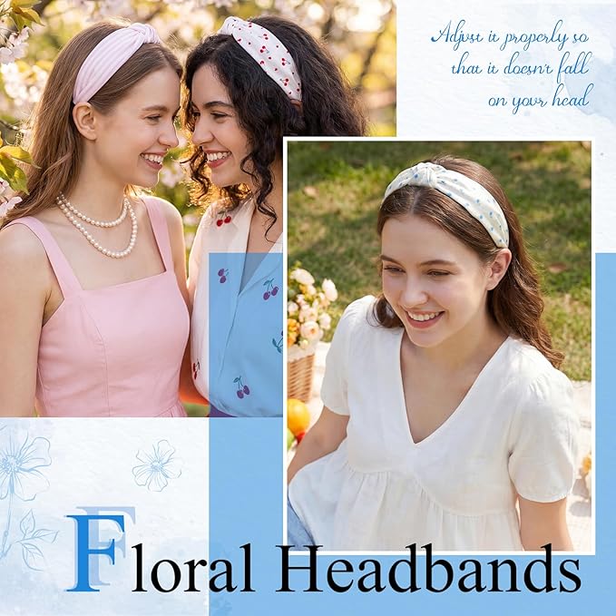 obeoby 8Pcs Floral Headbands for Keep Your Hairstyle, Trendy Knotted Headband for Spring Summer Outfit Non Slip Gifts for Granddaughter