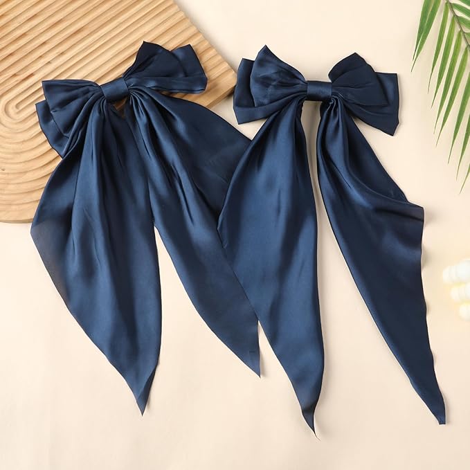 2PCS Big Hair Bow Clips for Women Girls Ã¢ÂÂ Navy Blue Satin Ribbon Bow Barrettes with Long Tails, Large Hair Accessories for Ponytail, Party, Wedding & Everyday Wear
