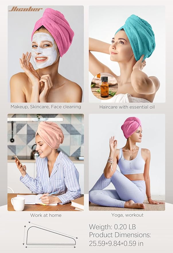 Hicober Microfiber Hair Towel, 3 Packs Hair Turbans for Wet Hair, Drying Hair Wrap Towels for Curly Hair Women Anti Frizz (Light Aqua,Peachy Coral, Sweet Pink)