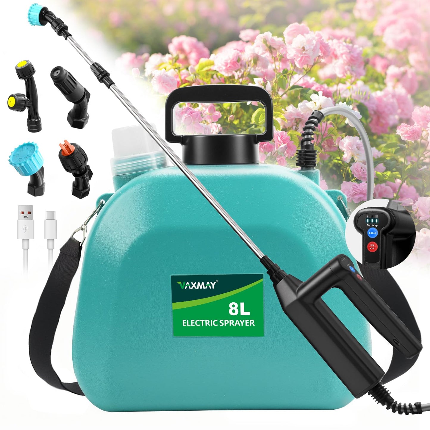 Battery Powered Sprayer 2 Gallon, 2026 Upgrade Electric Sprayer with 3 Adjustable Speed, Battery Indicator, 4 Mist Nozzles, Rechargeable Retractable Wand with Adjustable Shoulder Strap for Lawn Garden