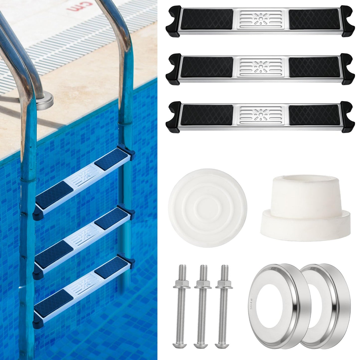 XLSXEXCL 3 Pack Stainless Steel Swimming Pool Ladder Steps with Pool Ladder Bumpers & Pool Ladder Escutcheon Plates, 18'' Heavy Duty Replacement Pool Ladders for Inground Swimming Pools