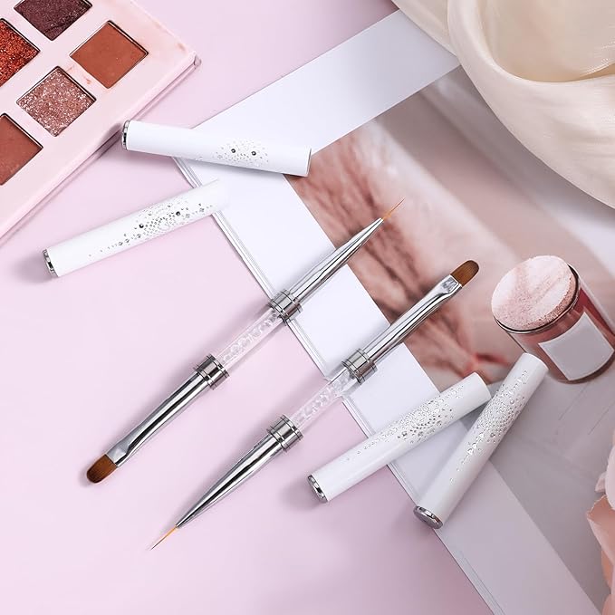 2 Pcs Double Ended Nail Builder Gel Brush, French Tip Brush Hard Gel for Nails, Brush Liner Brush Nails Hard Gel for Design Nails Professional Nail Art(White)