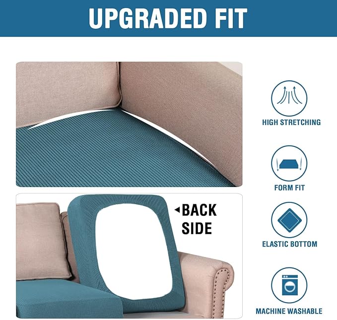 H.VERSAILTEX Super Stretch Individual Seat Sofa Covers Couch Slipcover Sets Thick Jacquard Textured Twill Fabric (3 Piece Sofa Cushion Covers, Storm Blue)