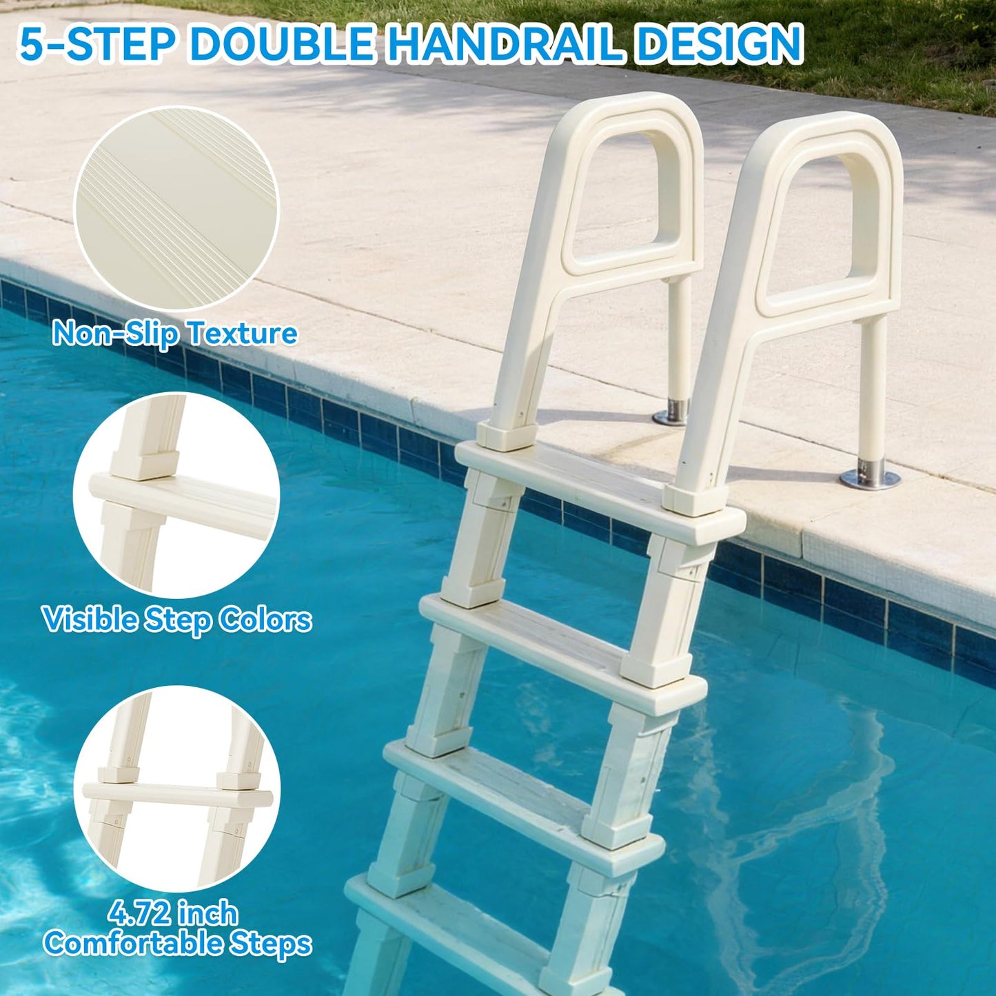 Outvita 5-Step PE Pool Ladder Above Ground, Heavy Duty Safety Deck Ladder, Anti Slip Plastic Step for Inground Swimming Pool 48in to 54in(Ivory)