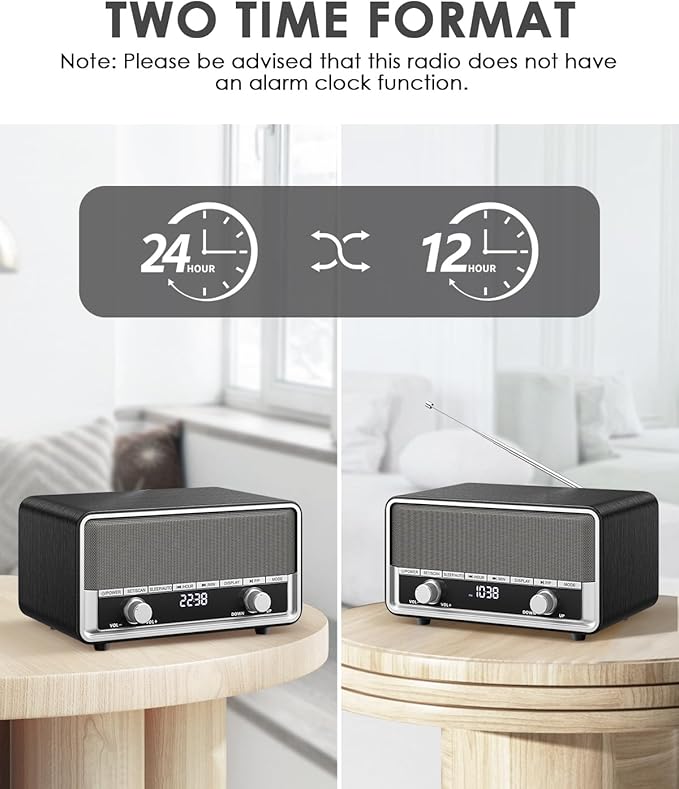 Vintage Wood AM FM Clock Radio with Bluetooth, Digital Clock Radio for Bedroom with LCD Display | 40 Presets | Sleep Timer | No Alarm, Retro Bluetooth Speaker for Office,Home, Kitchen (Black)