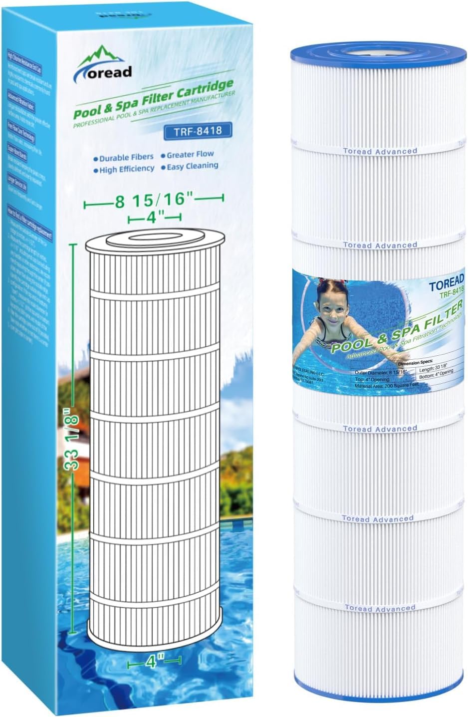 TOREAD CS200 Pool Filter Replaces Jandy CS200, PJANCS200, Ultral-B9, R0462400, Unicel C-8418, Filbur FC-0823, 200 Sq. Ft Pool Filter Cartridge 1 Pack