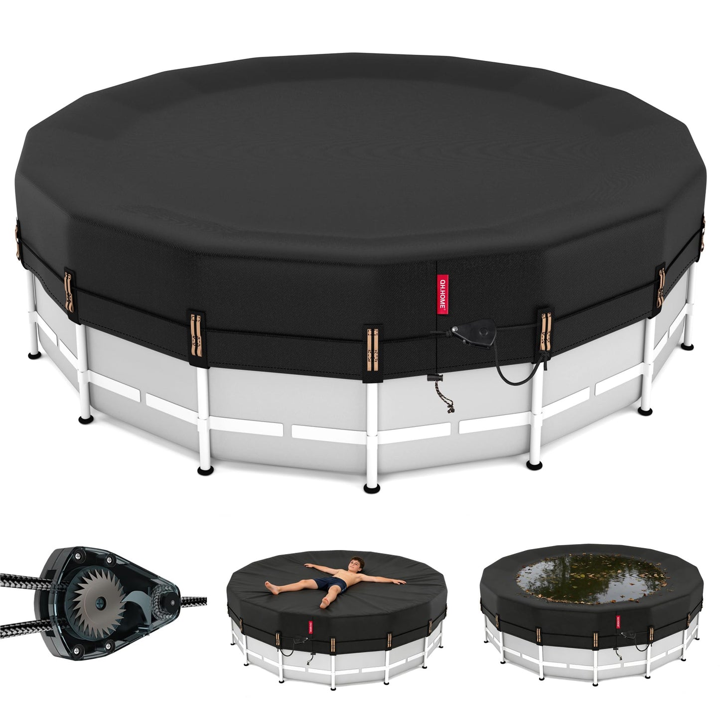 QH.HOME 18 ft Round Pool Cover,Solar Cover for Above Ground Pools - Black Oxford Fabric Heats Water, Blocks Leaves & Sun, Windproof Snug Fit with Patented Ratchet & Weight Rings