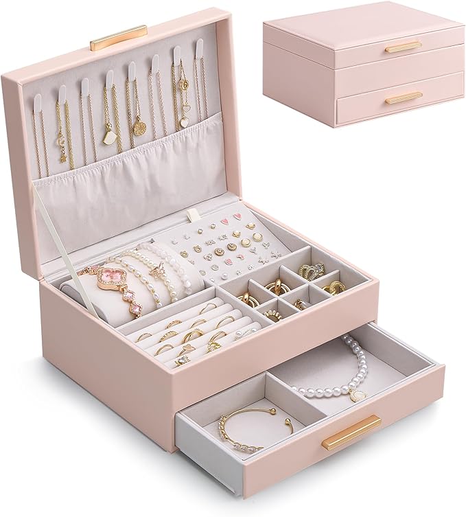 Lolalet 2-Layer Jewelry Box Organizer for Women Girls, Jewelry Storage Case Holder with Drawers for Necklaces Ring Earrings Bracelet Watch, Gifts for Galentines Valentines Girlfriend Wife -Pink
